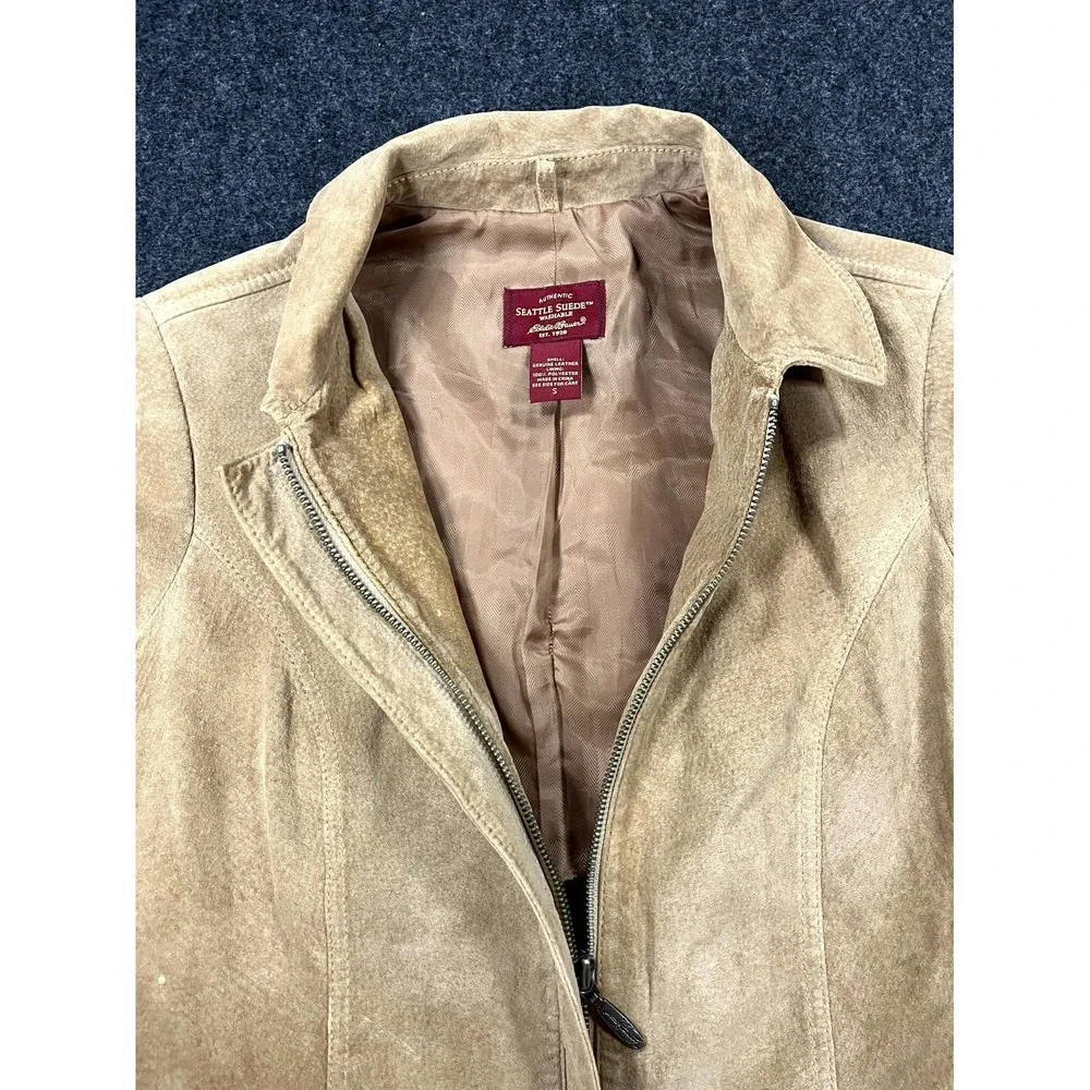 Eddie Bauer Seattle Suede Washable Leather Jacket Womens Small Tan Full Zip - Picture 6 of 13